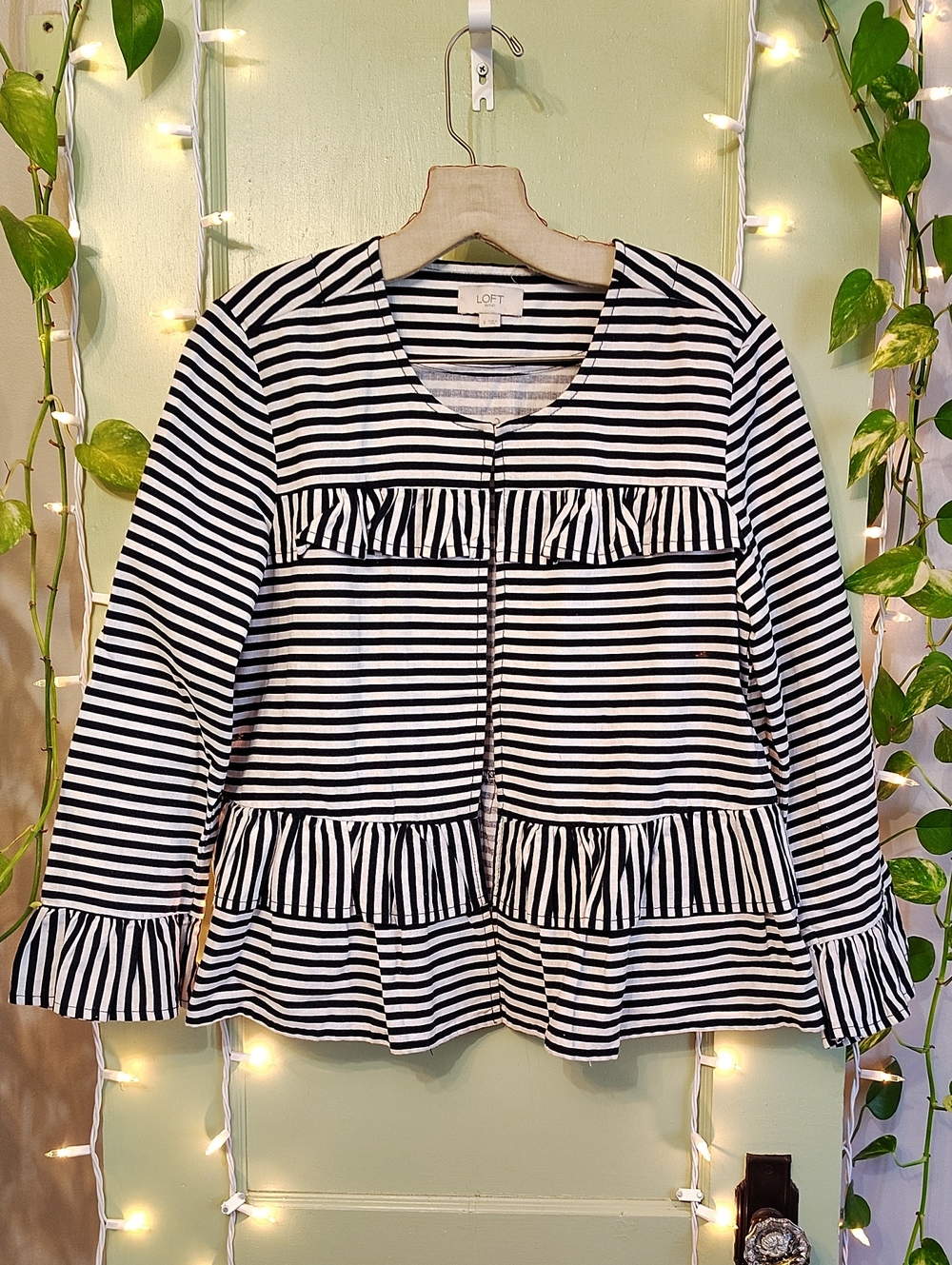 Women's Loft Outlet Linen Ruffle Navy White Nautical Blazer Jacket S